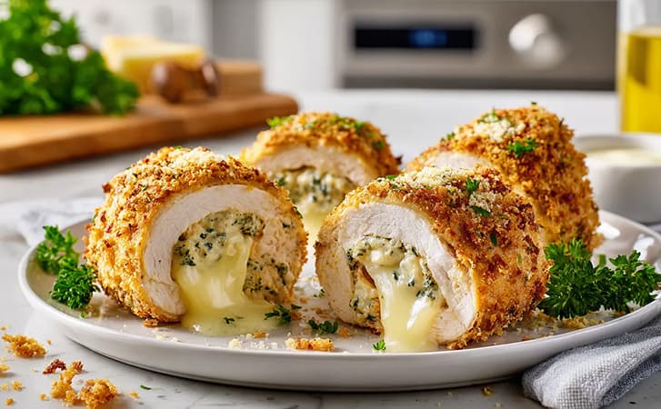 Рулетики из куриного филе с сыром и зеленью в панировке