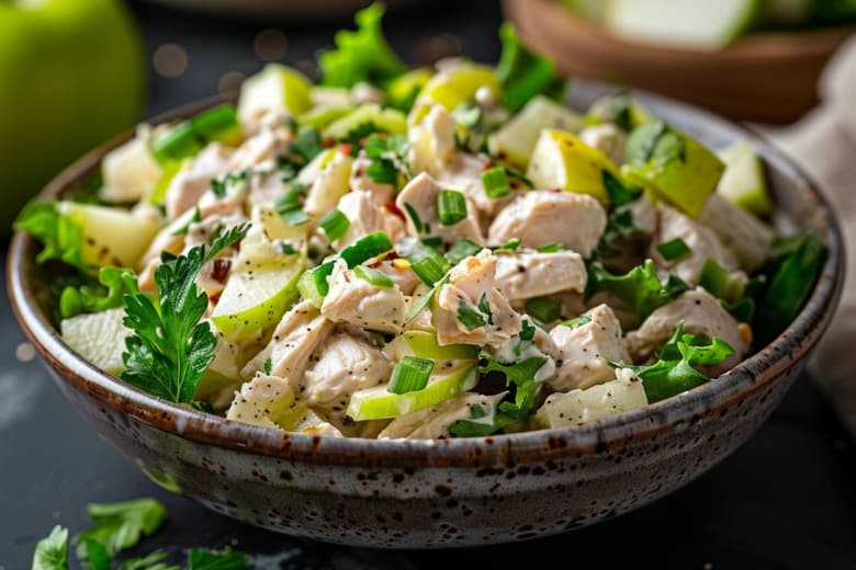 Тёплый салат с куриным филе, яблоком и грецкими орехами